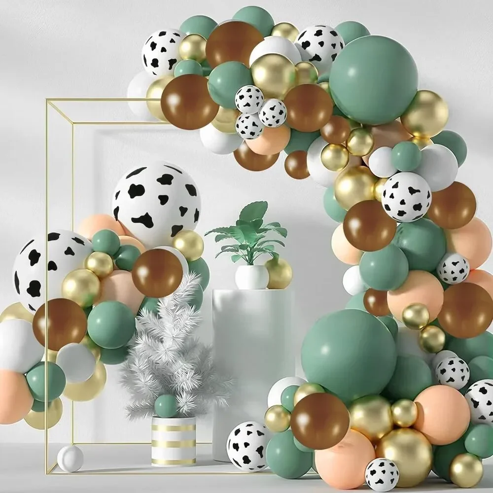 136Pcs Cowboy Green Balloon Garland Arch Kit Reusable Sage Green Brown Cow Print